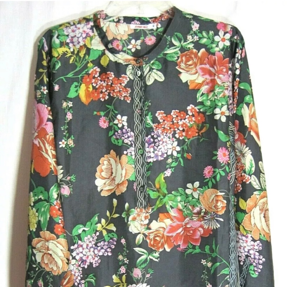 Johnny Was XL Black Floral Print Camilla Silk Tunic Top NWT